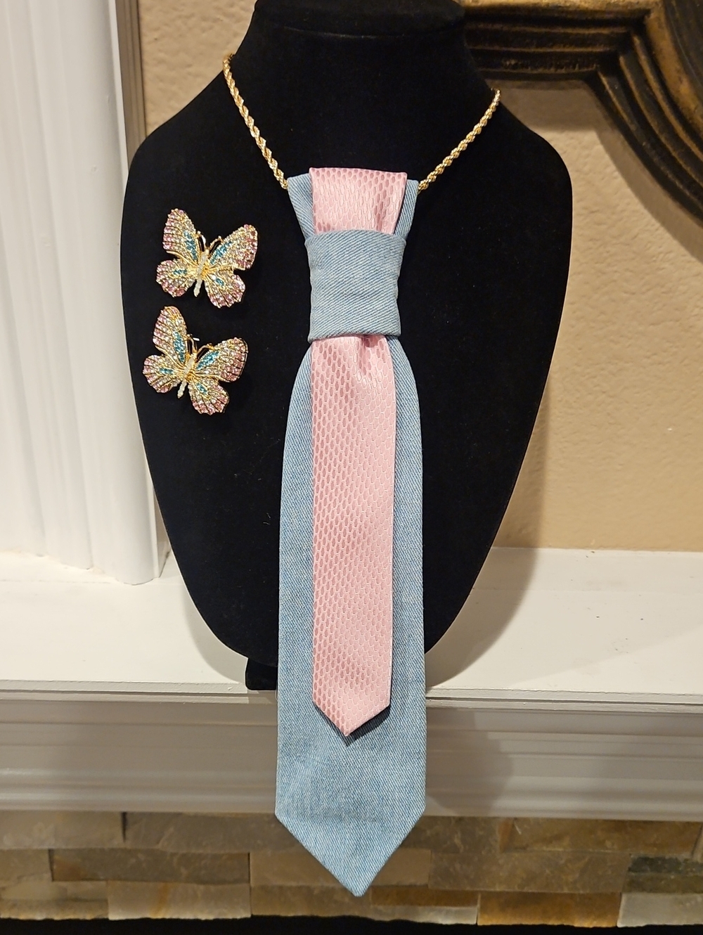 Custom Made Pastel Pink & Light Blue Denim Butterfly Necktie Nrcklace - Picture 6 of 6